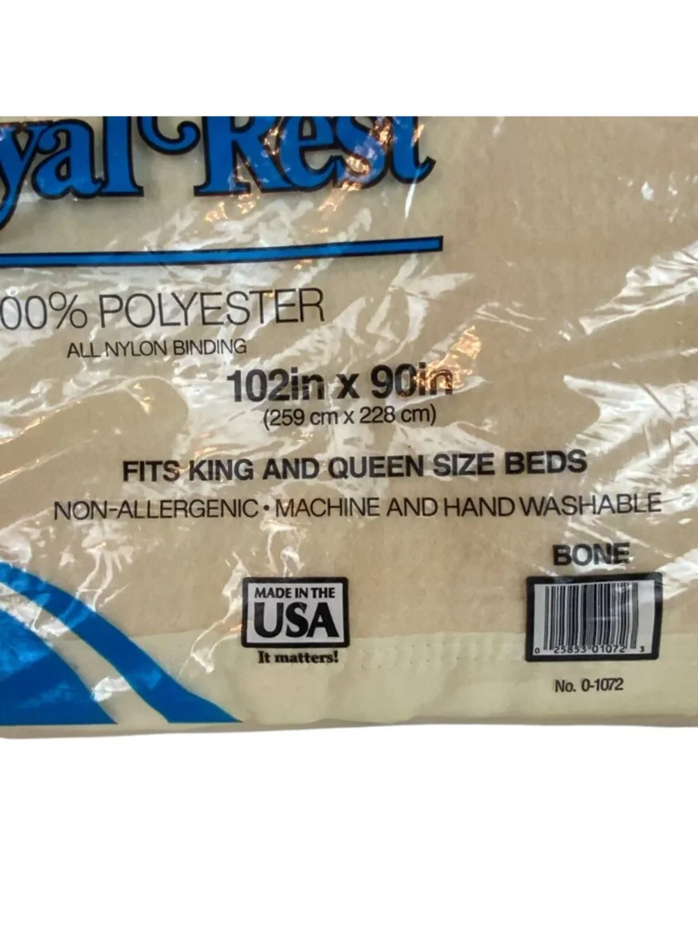 Vintage Royal Rest Polyester Blanket Satin Trim King Queen Bone Made in USA